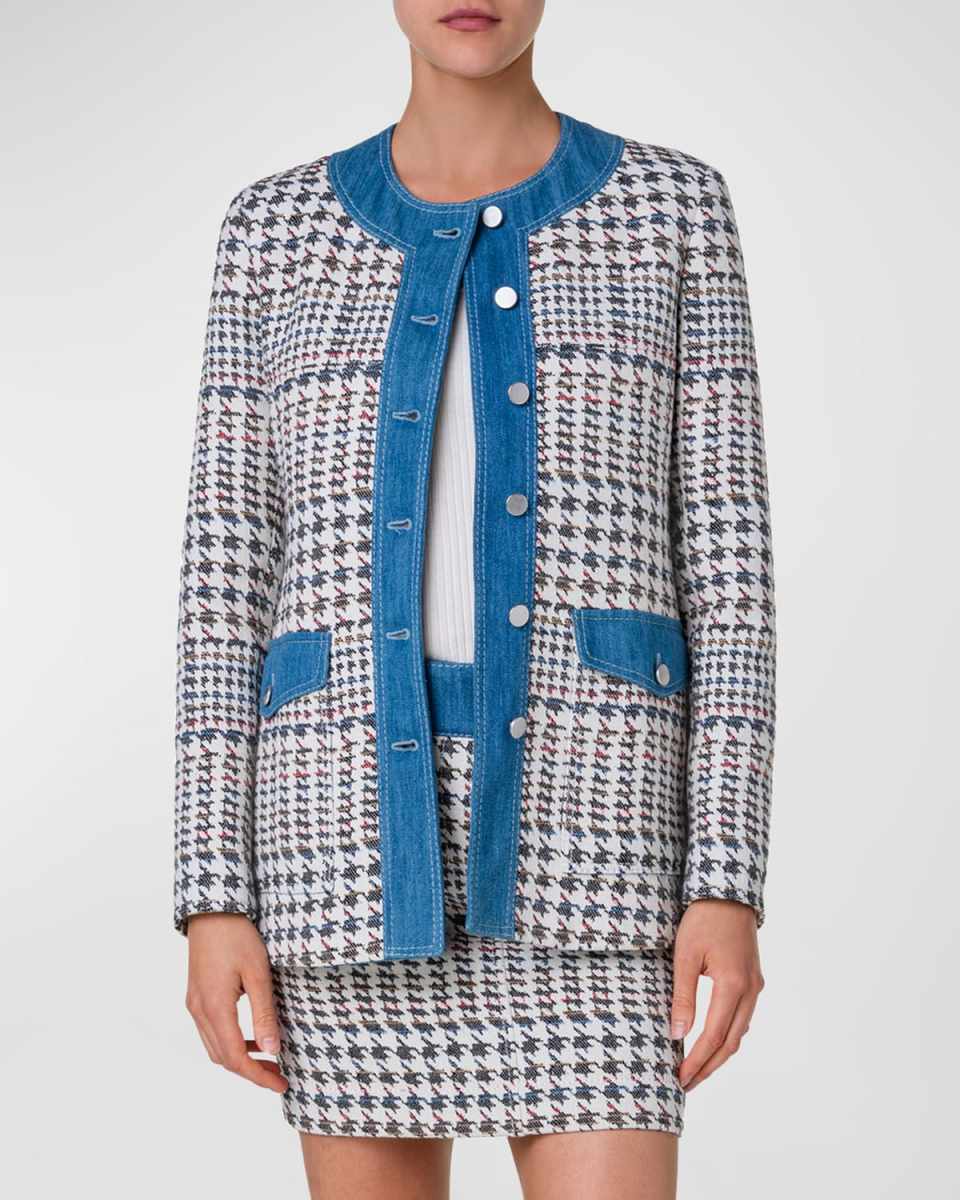 Denim-Trim Houndstooth Jacquard Collarless Jacket